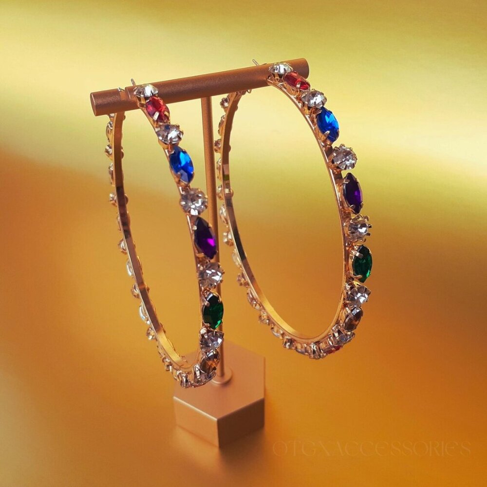 Radiant Charm Multi-Colored Rhinestone Gold Hoop Earrings